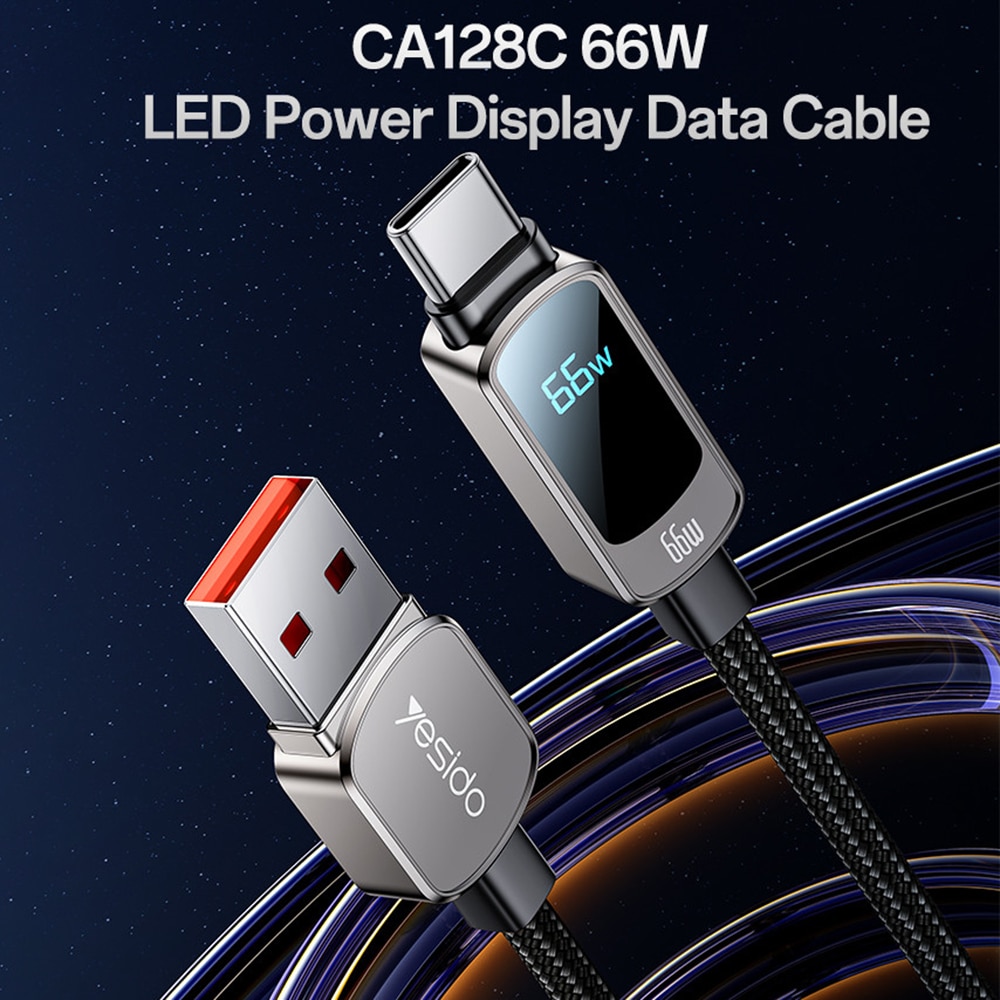 Yesido - Data Καλώδιο (ca128c) - With Led Power Display, USB To Type-C, Fast Charge, 66w, 5a, 480mbps, 1.2m - Black - Image 2