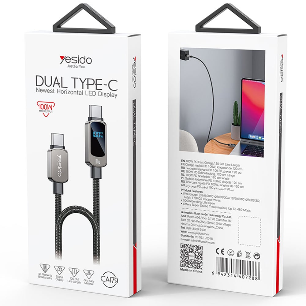 Yesido - Data Καλώδιο (ca179) - Super Fast Charging, With Digital Display, Type-C To Type-C, 100w, 5a, 480mbps, 1.2m - Black - Image 5