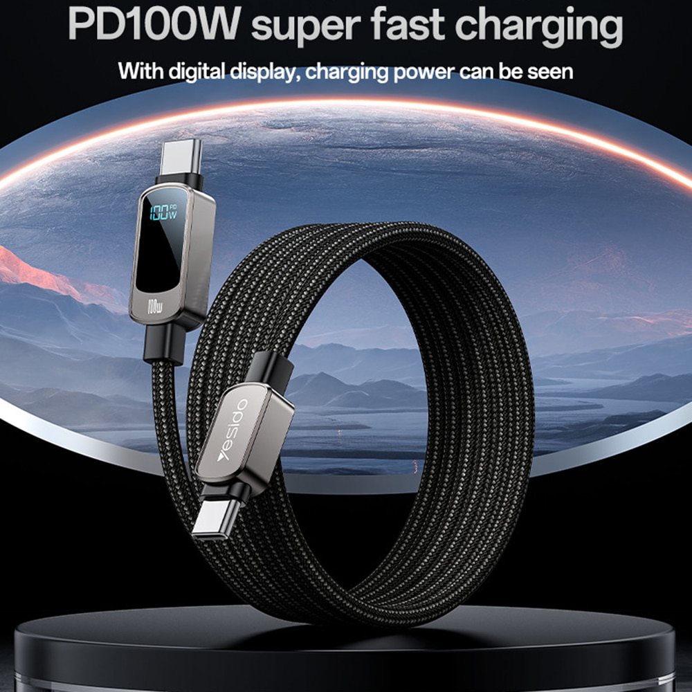 Yesido - Data Καλώδιο (ca179) - Super Fast Charging, With Digital Display, Type-C To Type-C, 100w, 5a, 480mbps, 1.2m - Black - Image 3