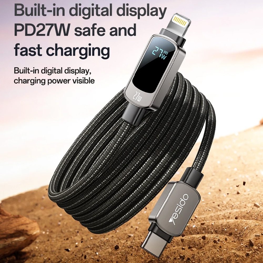Yesido - Data Καλώδιο (ca180) - Super Fast Charging, With Digital Display, Type-C To Type-C, 27w, 3a, 480mbps, 1.2m - Black - Image 2