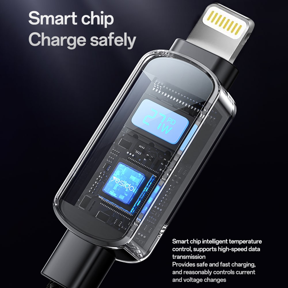 Yesido - Data Καλώδιο (ca180) - Super Fast Charging, With Digital Display, Type-C To Type-C, 27w, 3a, 480mbps, 1.2m - Black - Image 3