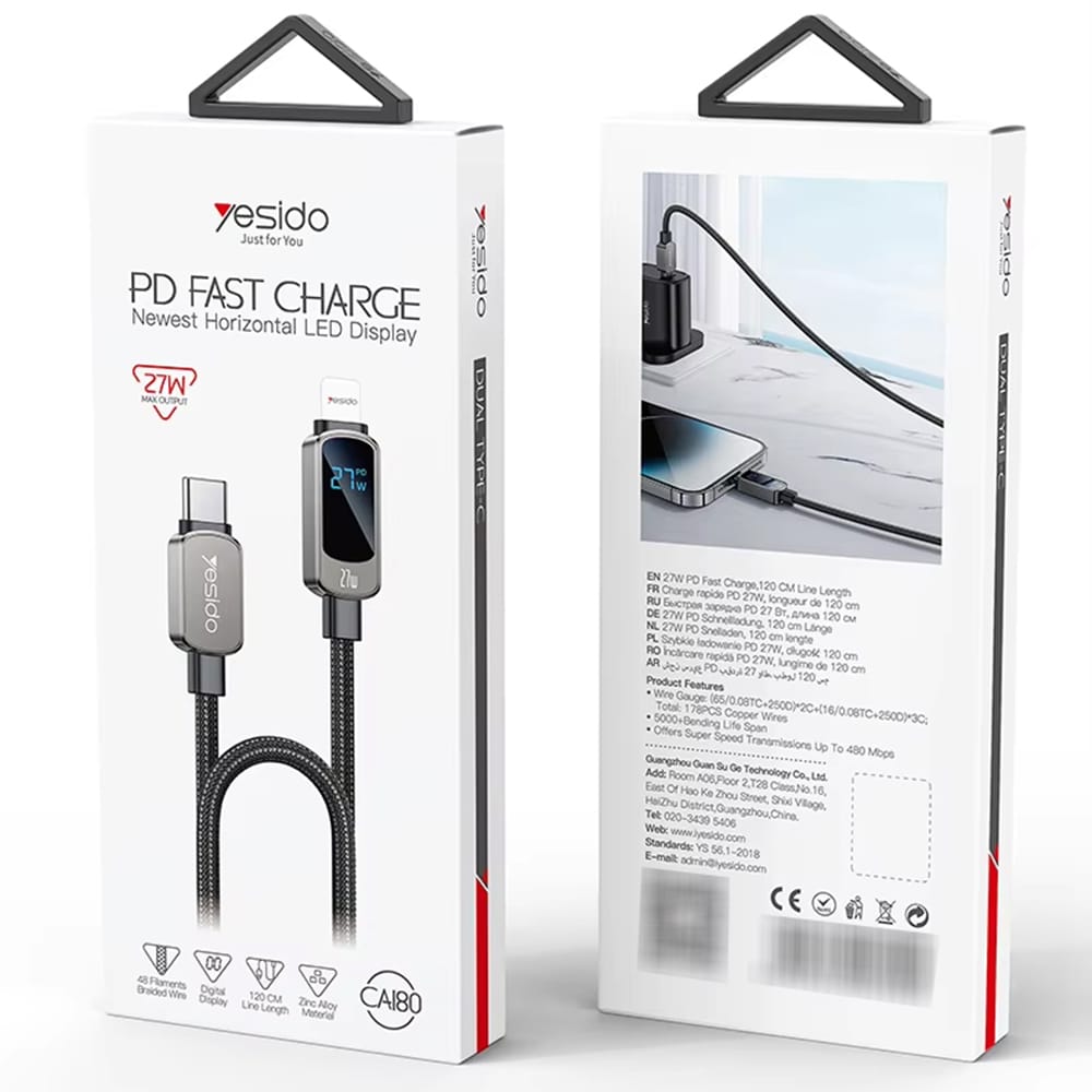 Yesido - Data Καλώδιο (ca180) - Super Fast Charging, With Digital Display, Type-C To Type-C, 27w, 3a, 480mbps, 1.2m - Black - Image 5