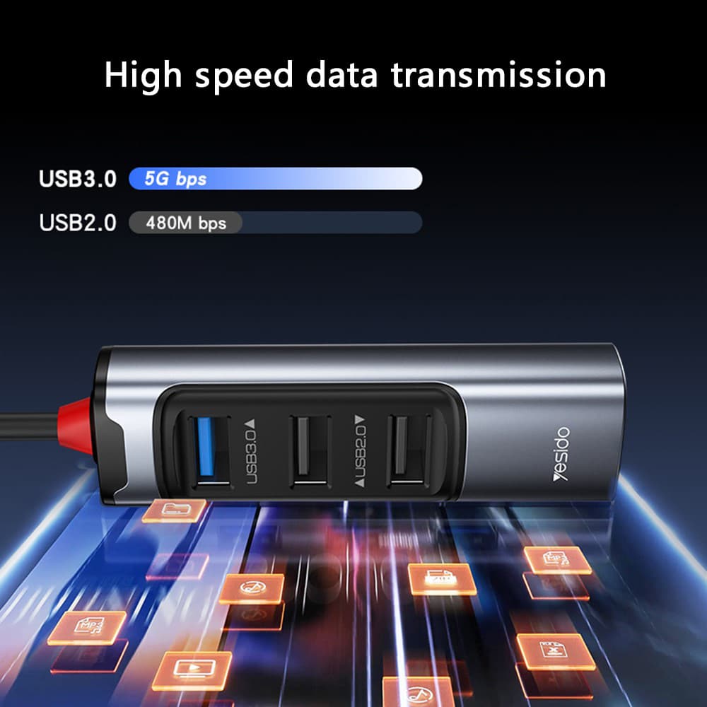 Yesido - Docking Station 4in1 (hb19) - USB, Type-C To 3x USB, USB-C, Pd100w, Fast Charge, Plug & Play, 5gbps - Gray - Image 5