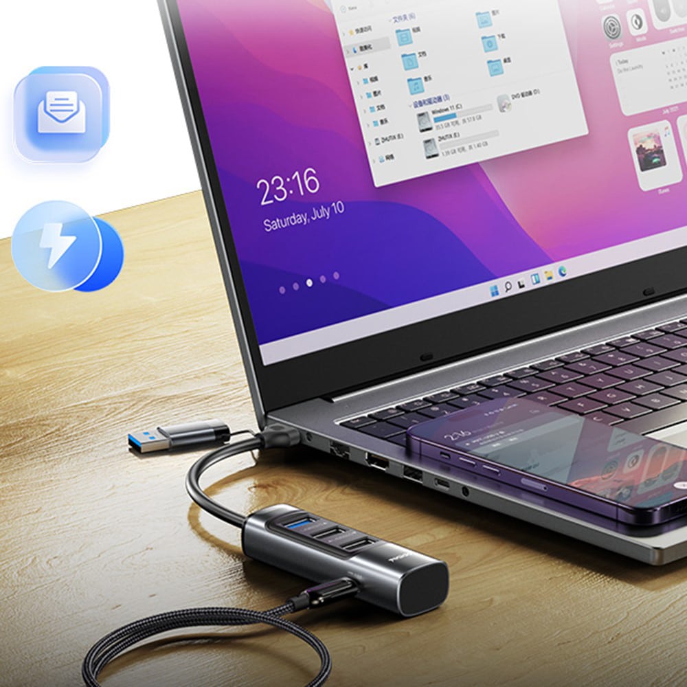 Yesido - Docking Station 4in1 (hb19) - USB, Type-C To 3x USB, USB-C, Pd100w, Fast Charge, Plug & Play, 5gbps - Gray - Image 4