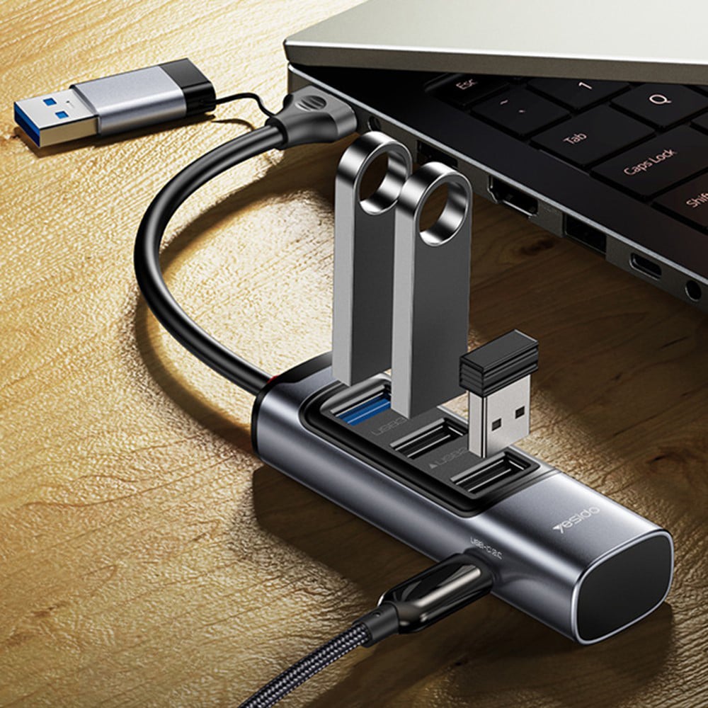 Yesido - Docking Station 4in1 (hb19) - USB, Type-C To 3x USB, USB-C, Pd100w, Fast Charge, Plug & Play, 5gbps - Gray - Image 3
