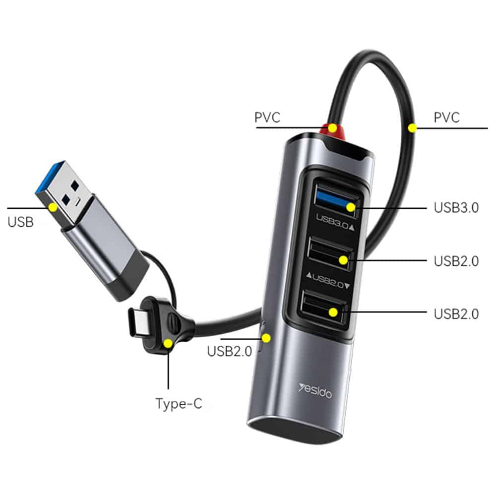 Yesido - Docking Station 4in1 (hb19) - USB, Type-C To 3x USB, USB-C, Pd100w, Fast Charge, Plug & Play, 5gbps - Gray - Image 2