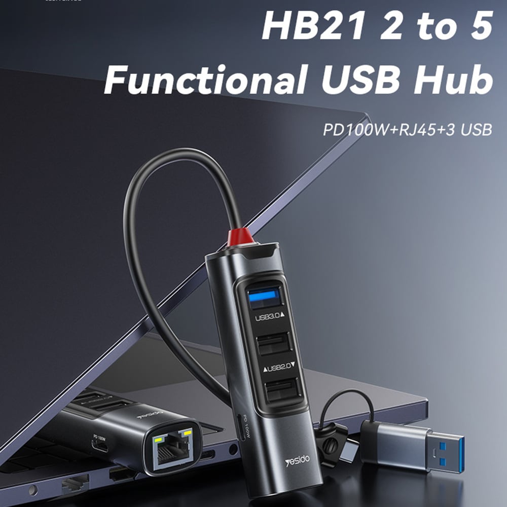 Yesido - Docking Station (hb21) - USB, Type-C To 3x USB, USB-C, Rj45 1000m, Pd100w, Fast Charge, Plug & Play, 5gbps - Gray - Image 3