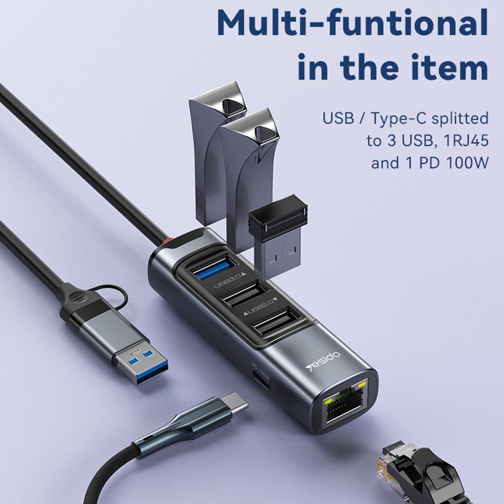 Yesido - Docking Station (hb21) - USB, Type-C To 3x USB, USB-C, Rj45 1000m, Pd100w, Fast Charge, Plug & Play, 5gbps - Gray - Image 5