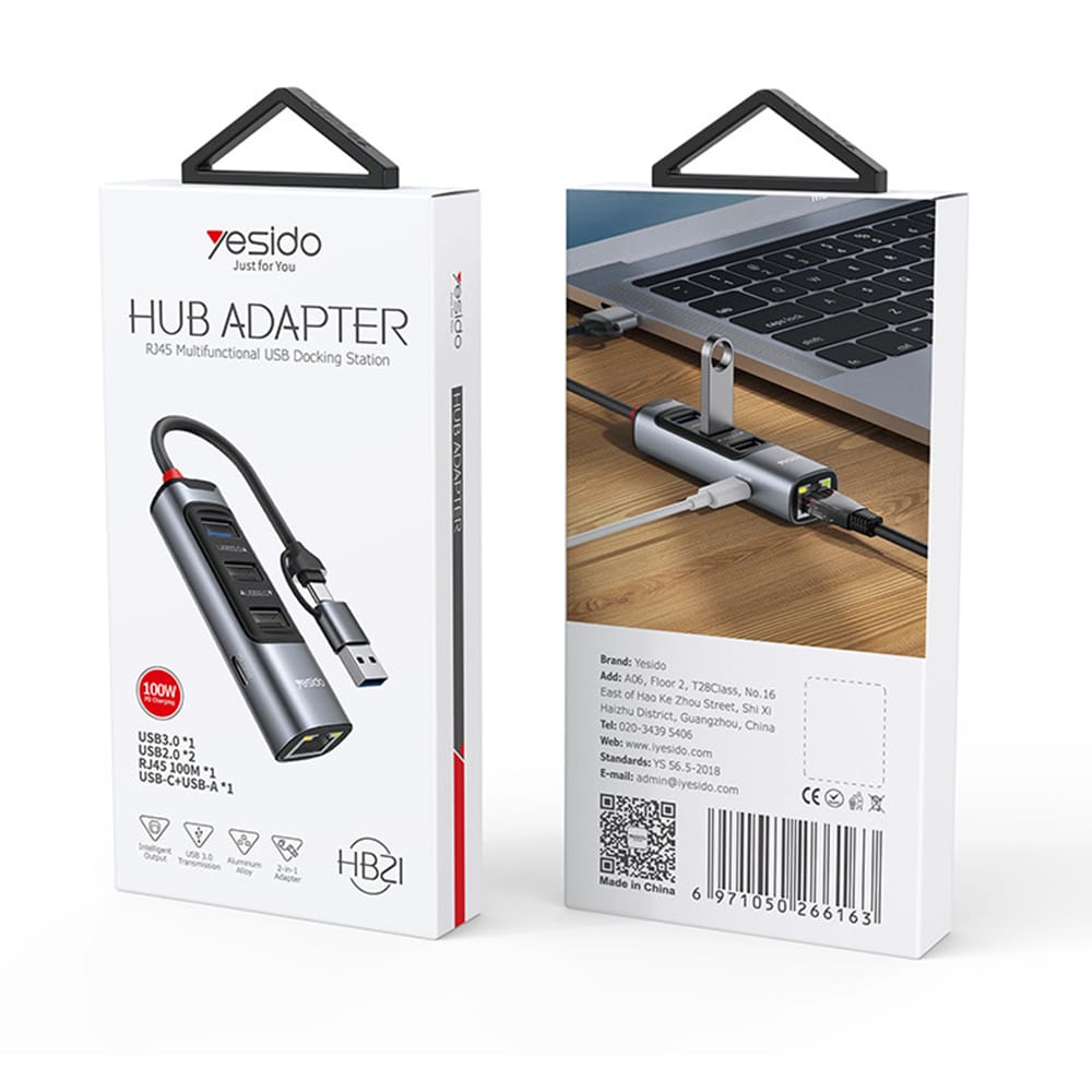 Yesido - Docking Station (hb21) - USB, Type-C To 3x USB, USB-C, Rj45 1000m, Pd100w, Fast Charge, Plug & Play, 5gbps - Gray - Image 11