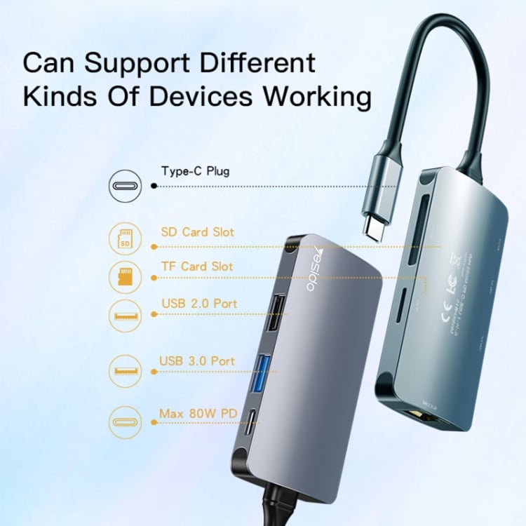 Yesido - Docking Station (hb15) - Type-C To 2x USB, USB-C, Sd/tf Card, Rj45, 1000mbps, Plug & Play - Gray - Image 2