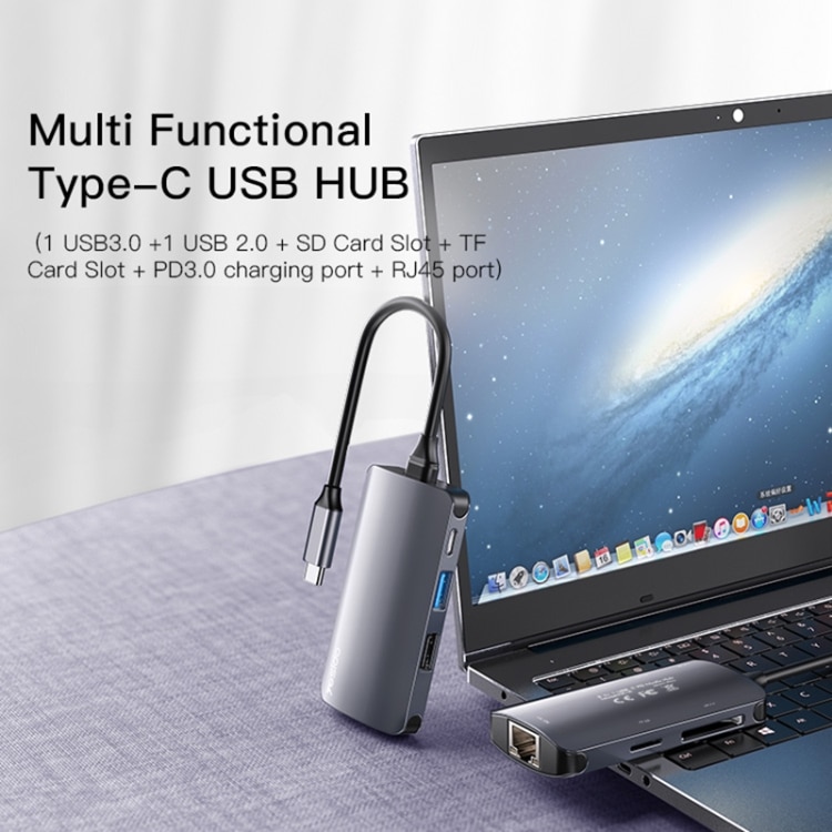 Yesido - Docking Station (hb15) - Type-C To 2x USB, USB-C, Sd/tf Card, Rj45, 1000mbps, Plug & Play - Gray - Image 5