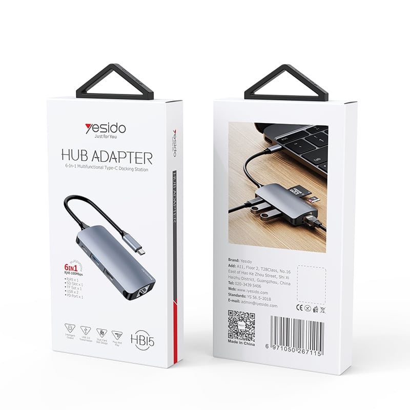 Yesido - Docking Station (hb15) - Type-C To 2x USB, USB-C, Sd/tf Card, Rj45, 1000mbps, Plug & Play - Gray - Image 10