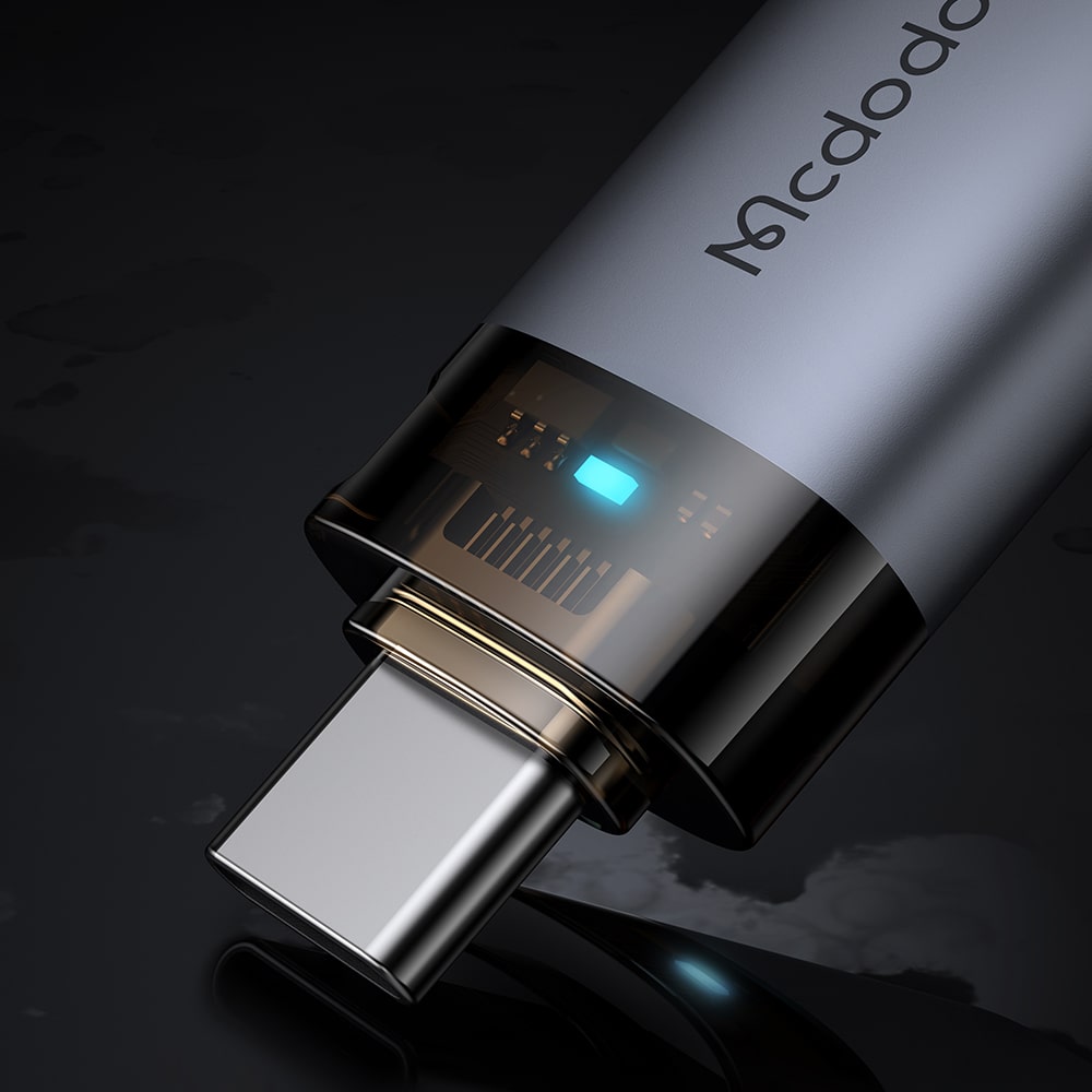 Mcdodo - Otg Adapter (ot-7400) - Usb3.0 To Type-C, Aluminium Alloy, Charging & Data Sync, 5gbps, Blue Light, Lanyard - Black - Image 6