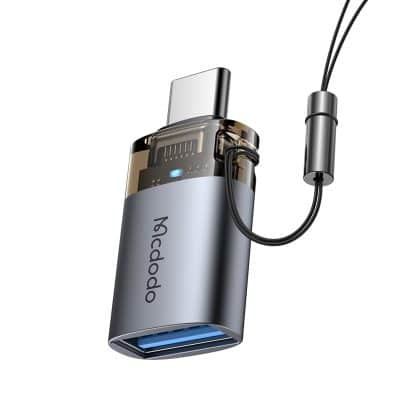 Mcdodo - Otg Adapter (ot-7400) - Usb3.0 To Type-C, Aluminium Alloy, Charging & Data Sync, 5gbps, Blue Light, Lanyard - Black