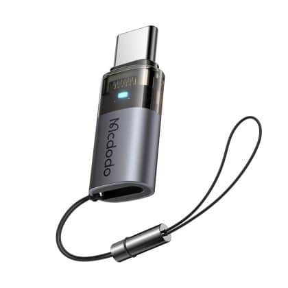 Mcdodo - Otg Adapter (ot-7610) - Lightning To Type-C, Aluminium Alloy, Charging & Data Sync, 60w, Blue Light, Lanyard - Black