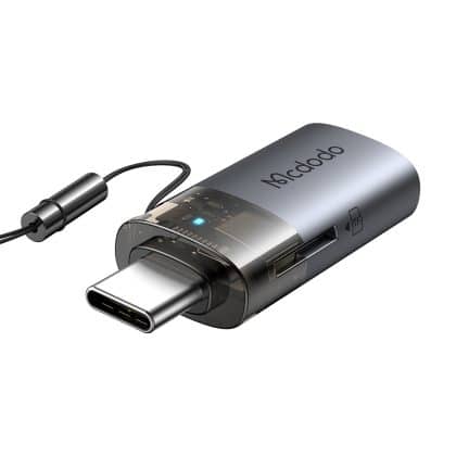 Mcdodo - Otg Adapter 2in1 (ot-7600) - Usb To Usb-C, Built-In Card Reader, Charging & Data, 5gbps, Blue Light, Lanyard - Black