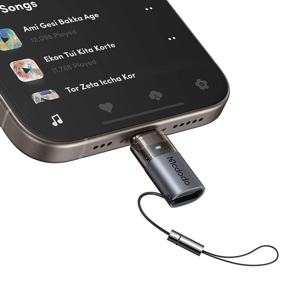 Mcdodo - Otg Adapter (ot-7630) - Usb-C To Lightning, Aluminium Alloy, Charging & Data Sync, 36w, Blue Light, Lanyard - Black - Image 3