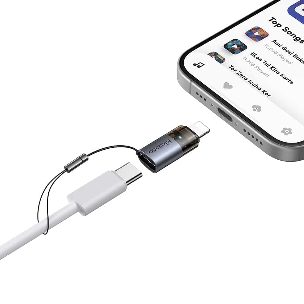 Mcdodo - Otg Adapter (ot-7630) - Usb-C To Lightning, Aluminium Alloy, Charging & Data Sync, 36w, Blue Light, Lanyard - Black - Image 2