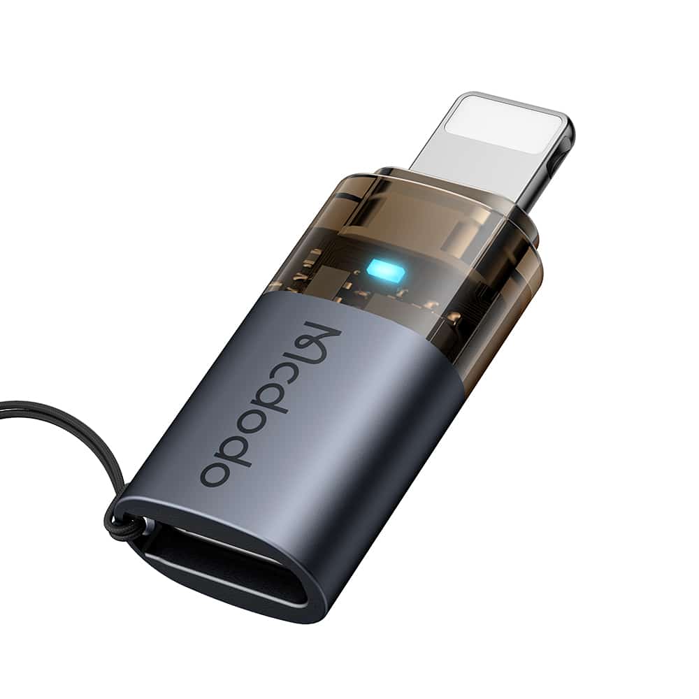 Mcdodo - Otg Adapter (ot-7630) - Usb-C To Lightning, Aluminium Alloy, Charging & Data Sync, 36w, Blue Light, Lanyard - Black - Image 4