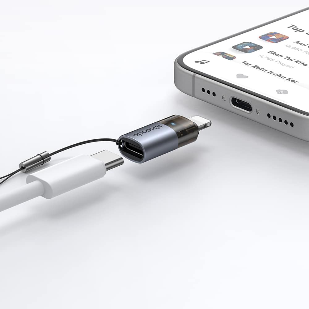 Mcdodo - Otg Adapter (ot-7630) - Usb-C To Lightning, Aluminium Alloy, Charging & Data Sync, 36w, Blue Light, Lanyard - Black - Image 7