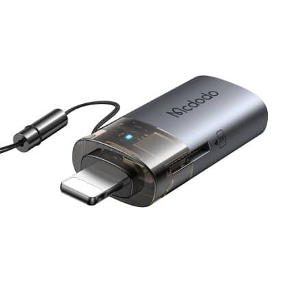 Mcdodo - Otg Adapter (ot-7850) - Usb To Lightning, With Tf Card Reader, Fast Data Transfer, 480mbps, Led, Lanyard - Black