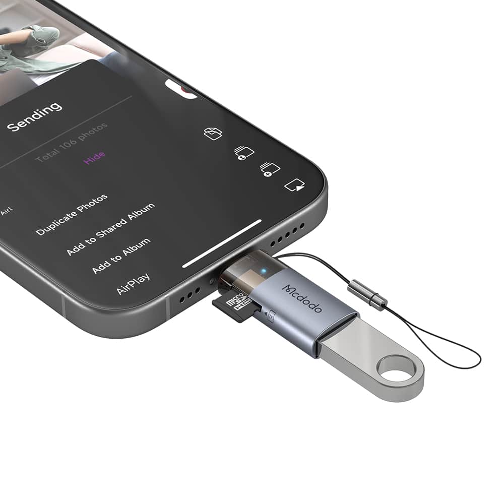 Mcdodo - Otg Adapter (ot-7850) - Usb To Lightning, With Tf Card Reader, Fast Data Transfer, 480mbps, Led, Lanyard - Black - Image 5