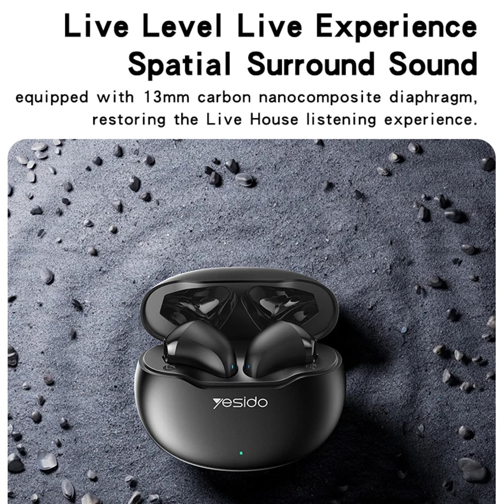 Yesido - Ασύρματα Ακουστικά (tws21) - Με Bluetooth V5.3, Ημιστεγανό Σχέδιο, Ελεγχο Αφής, Ακύρωση Θορύβου, 320mah - Μαύρα - Image 3