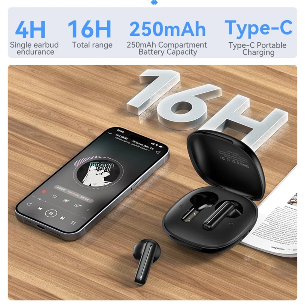 Yesido - Ασύρματα Ακουστικά (tws25) - Με Μικρόφωνο, Bluetooth V5.3, Ελεγχο Αφής, Σχεδίαση Ημι-Εντός Του Αυτιού, 250mah - Μαύρο - Image 4