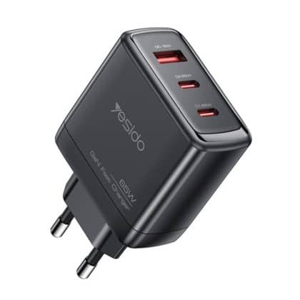Yesido - Φορτιστής Τοίχου (yc144) - 2x Type-C, 1x USB-A, 65w, Τεχνολογία Gan, Γρήγορη Φόρτιση - Μαύρος