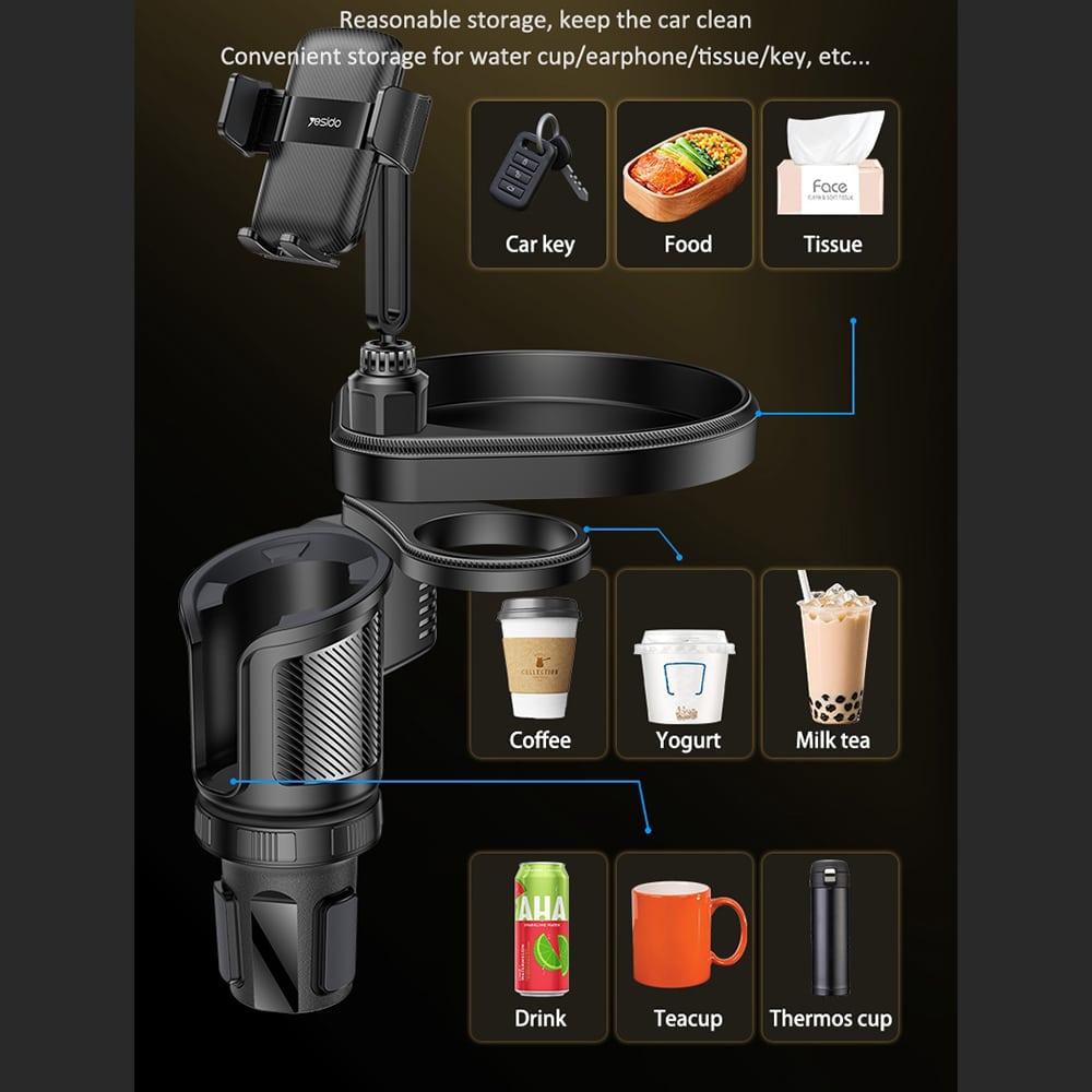 Yesido - Car Holder 4in1 (c274) - Cup Storage, Phone Mount And Sundries Storage, 720° Adjustable Angle, 4.7-7.2" - Black - Image 7