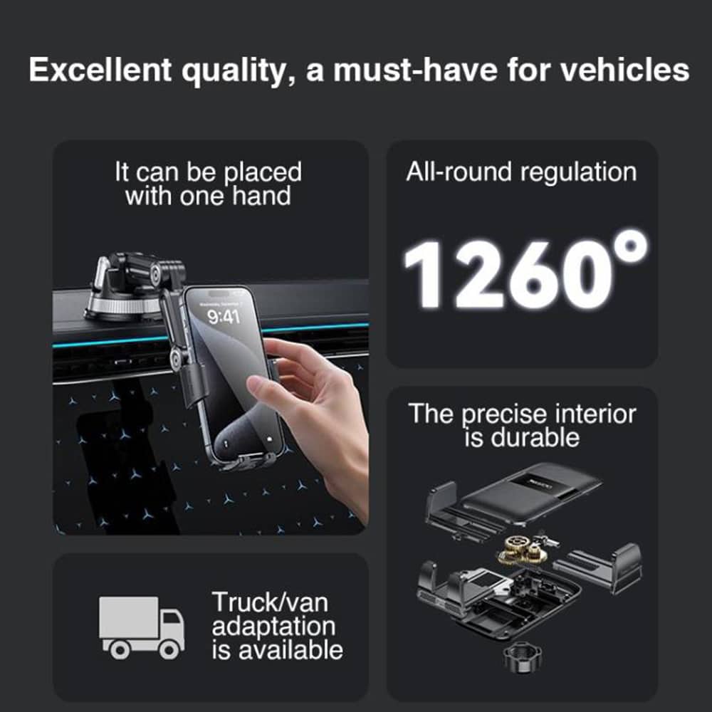 Yesido - Car Holder (c275) - For Dashboard, 1260-Degree All-Round Adjustment Design, 4.7-7.2" Phone - Black - Image 8