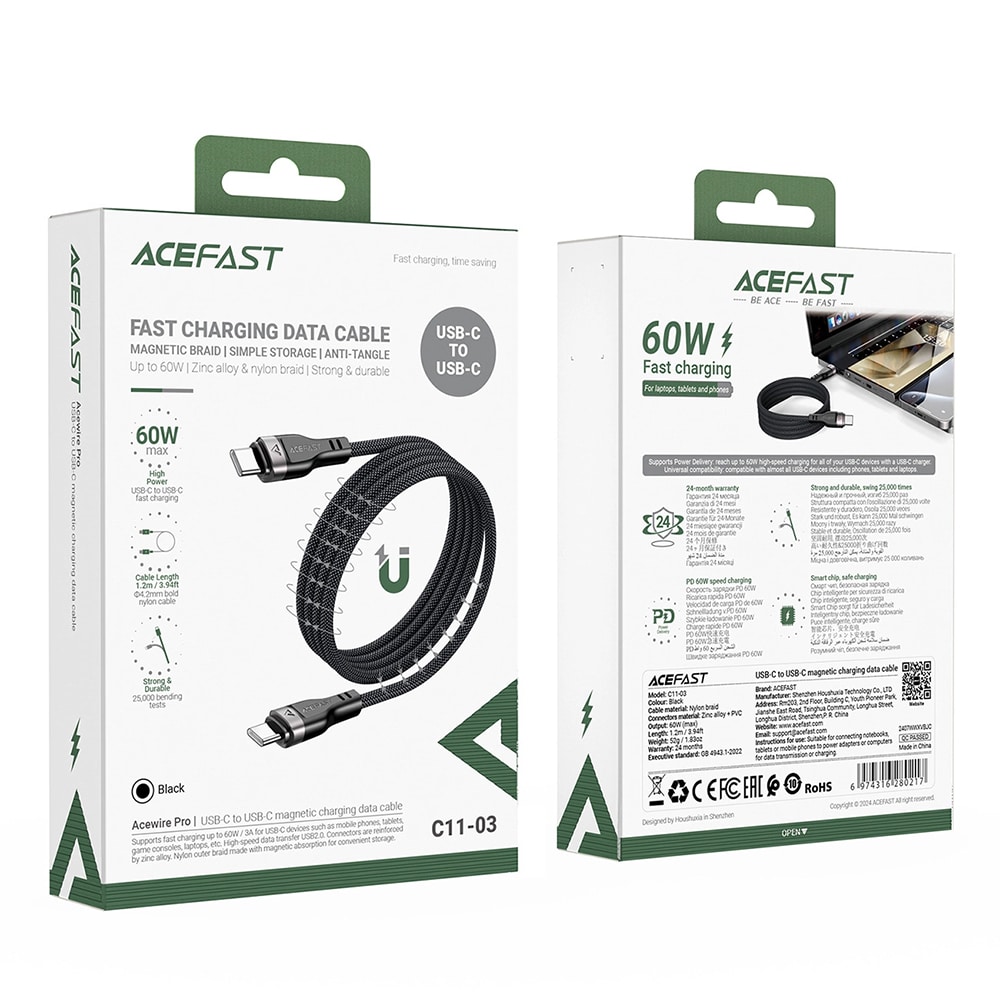 Acefast - Data Καλώδιο (c11-03) - Magnetic Winding, Fast Charging, Type-C To Type-C, 60w, 3a, Adjustable Lenght, 1.2m - Black - Image 7