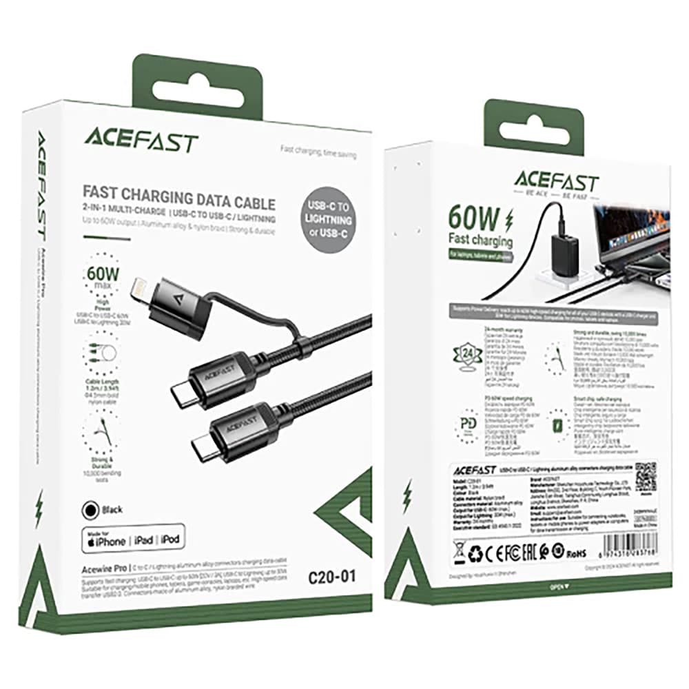 Acefast - Data Καλώδιο (c20-01) - Usb-C To Type-C, Lightning, 60w, Fast Charging, Bend-Resistant, Mfi Certified, 1.2m - Black - Image 6