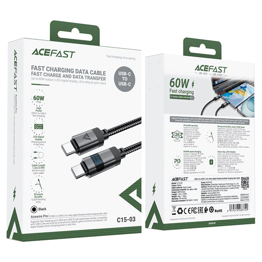 Acefast - Data Καλώδιο (c15-03) - With Digital Display, Fast Charging, Type-C To Type-C, 60w, 3a, Zinc Alloy, 1.2m - Black - Image 7