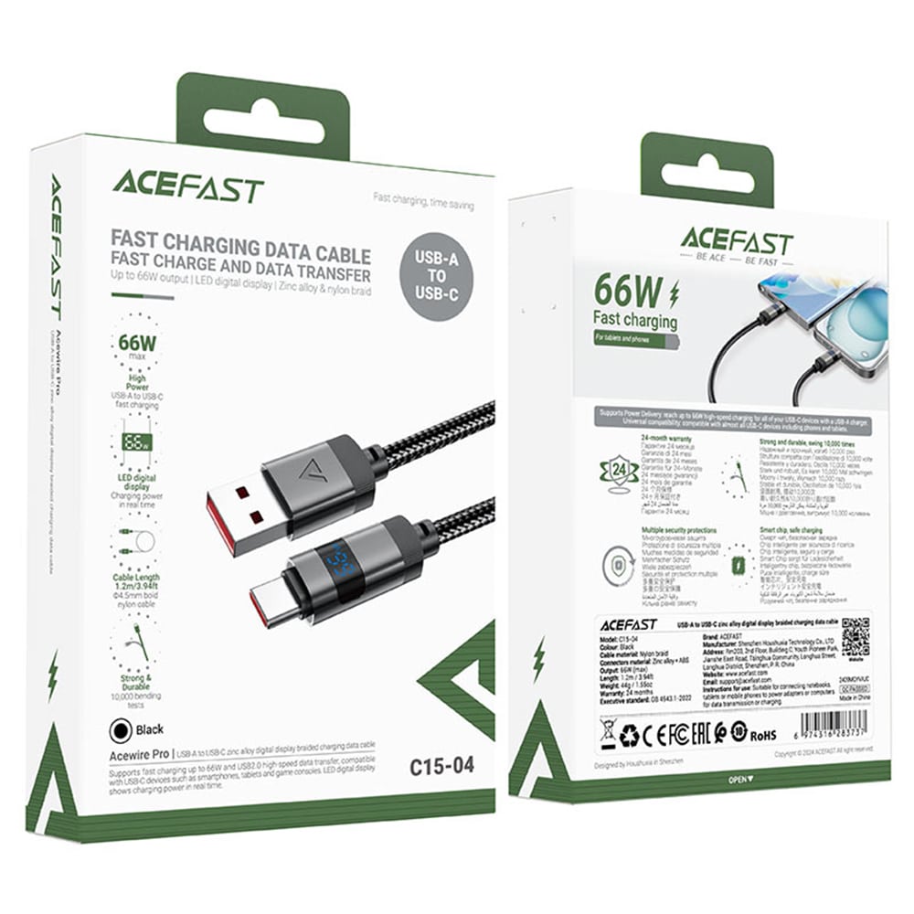 Acefast - Data Καλώδιο (c15-04) - With Digital Display, Fast Charging, Usb-A To Type-C, 66w, Zinc Alloy, 1.2m - Black - Image 7