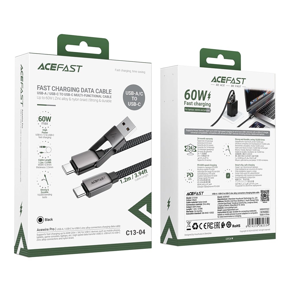 Acefast - Data Καλώδιο (c13-04) - Fast Charge, Type-C To Usb, Type-C, 60w, 3a, Bend-Resistant, Zinc Alloy, 1.2m - Black - Image 7
