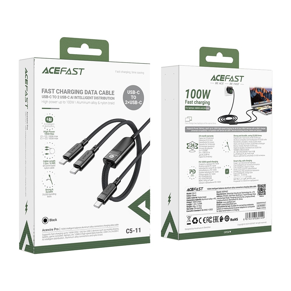 Acefast - Data Καλώδιο (c5-11) - Fast Charging, Usb-C To 2x Type-C, 2in1, 100w, 20v/5a, 480mb/s, 1.2m - Black - Image 7