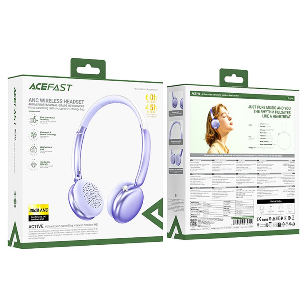 Acefast - Wireless Headset (h8) - Type-C, Bluetooth 5.4, Anc Mode, Hybrid Noise Reduction, 500mah, Professional Hifi - Purple - Image 6