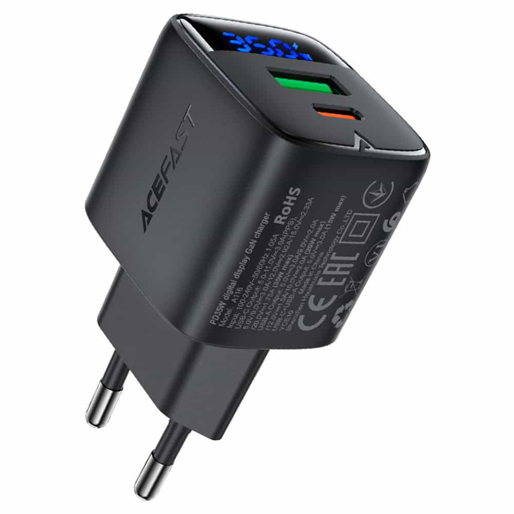 Acefast - Wall Charger (a116) - With Digital Display, Fast Charging, Gan, Type-C, Usb, Pd35w - Black - Image 2