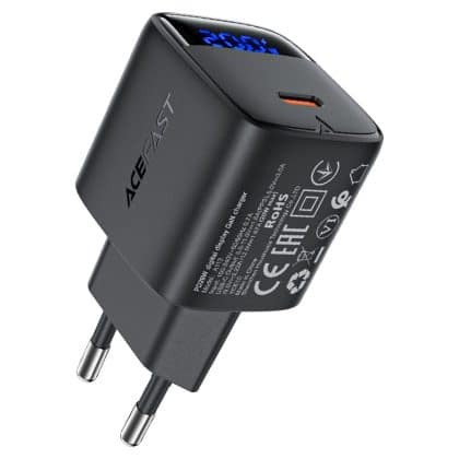Acefast - Wall Charger (a113) - With Digital Display, Fast Charging, Gan, Type-C, Pd20w - Black