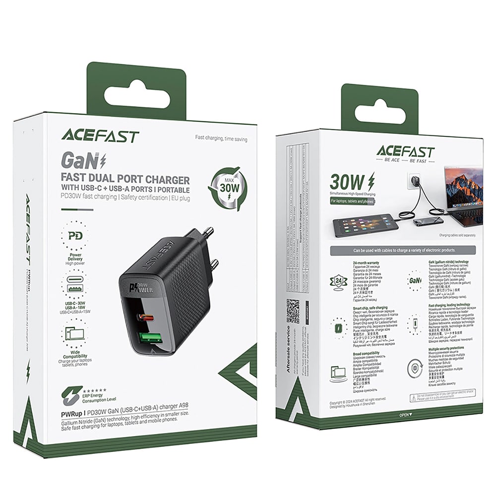 Acefast - Wall Charger (a98) - Gan, Fast Charging, Usb, Type-C, 30w, 5v/3a, Smart Chip - Black - Image 7