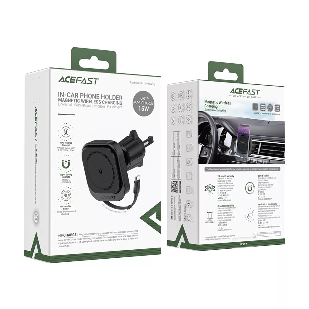 Acefast - Car Holder With Wireless Charging (d32) - For iPhone, Magsafe, Retractable Καλώδιο, For Air Vent, Usb-C, 85cm - Black - Image 7