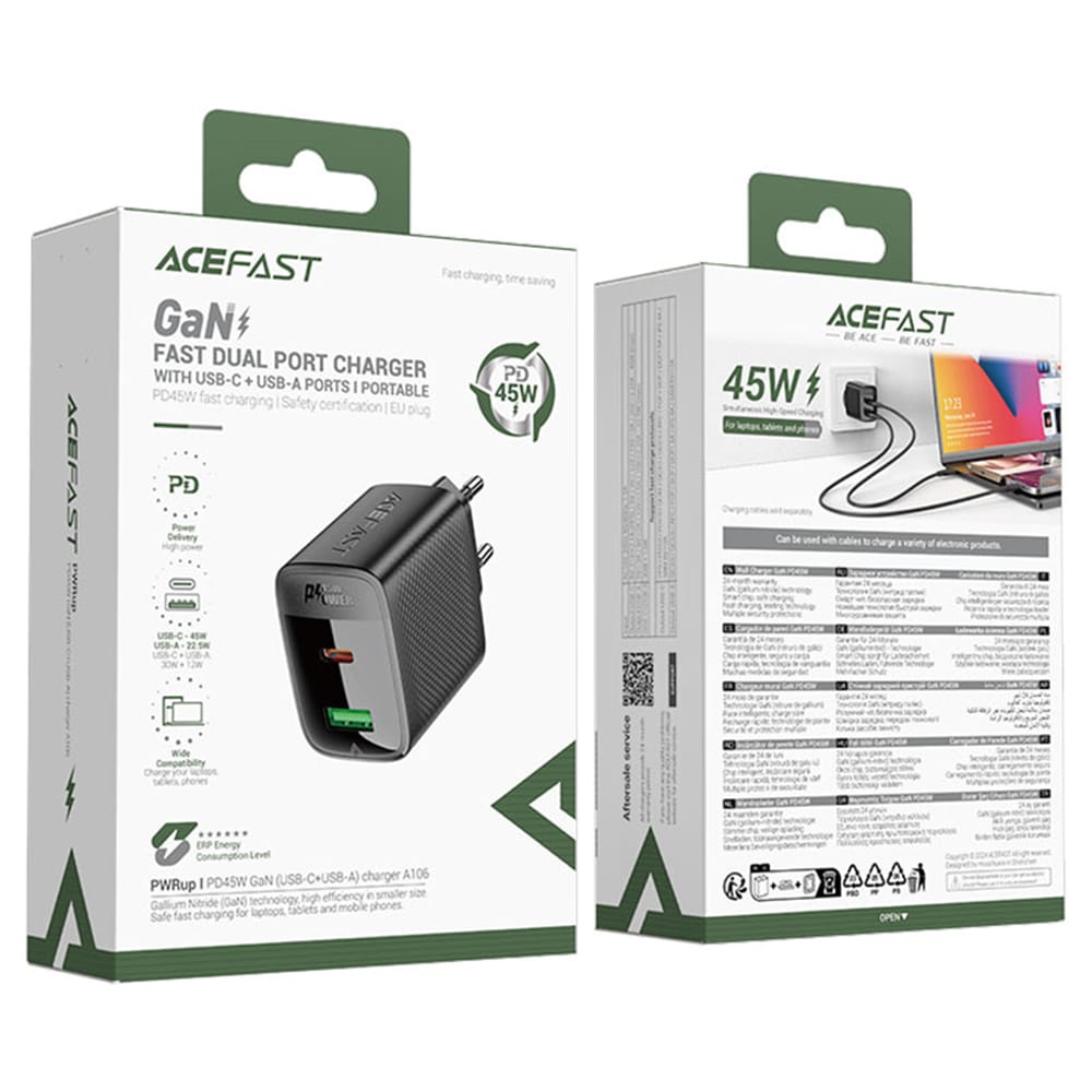 Acefast - Wall Charger (a106) - Gan Technology, Fast Charging, Type-C, Usb, 45w, 3a - Black - Image 6
