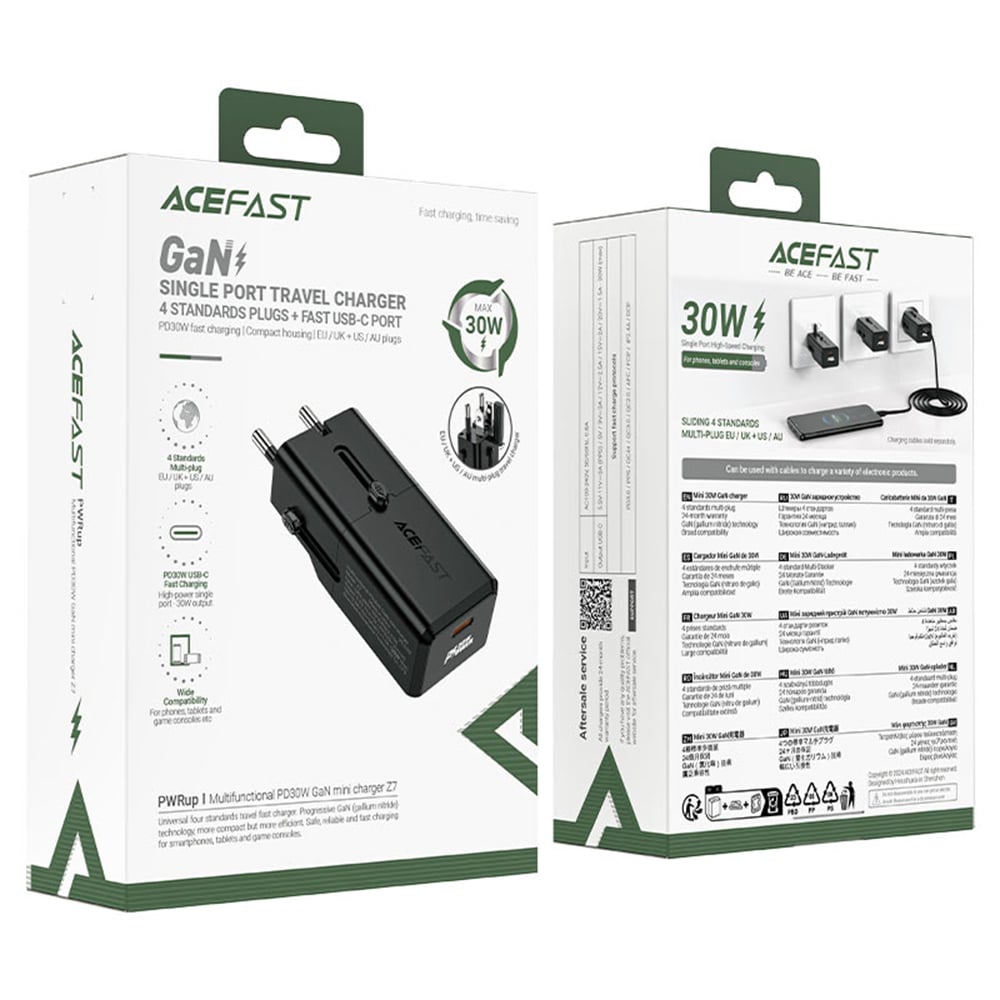 Acefast - Travel Adapter (z7) - Gan, Type-C, Eu, Uk, Au, Us, Pd30w, Multifunctional Fast Charger, Mini Design - Black - Image 6