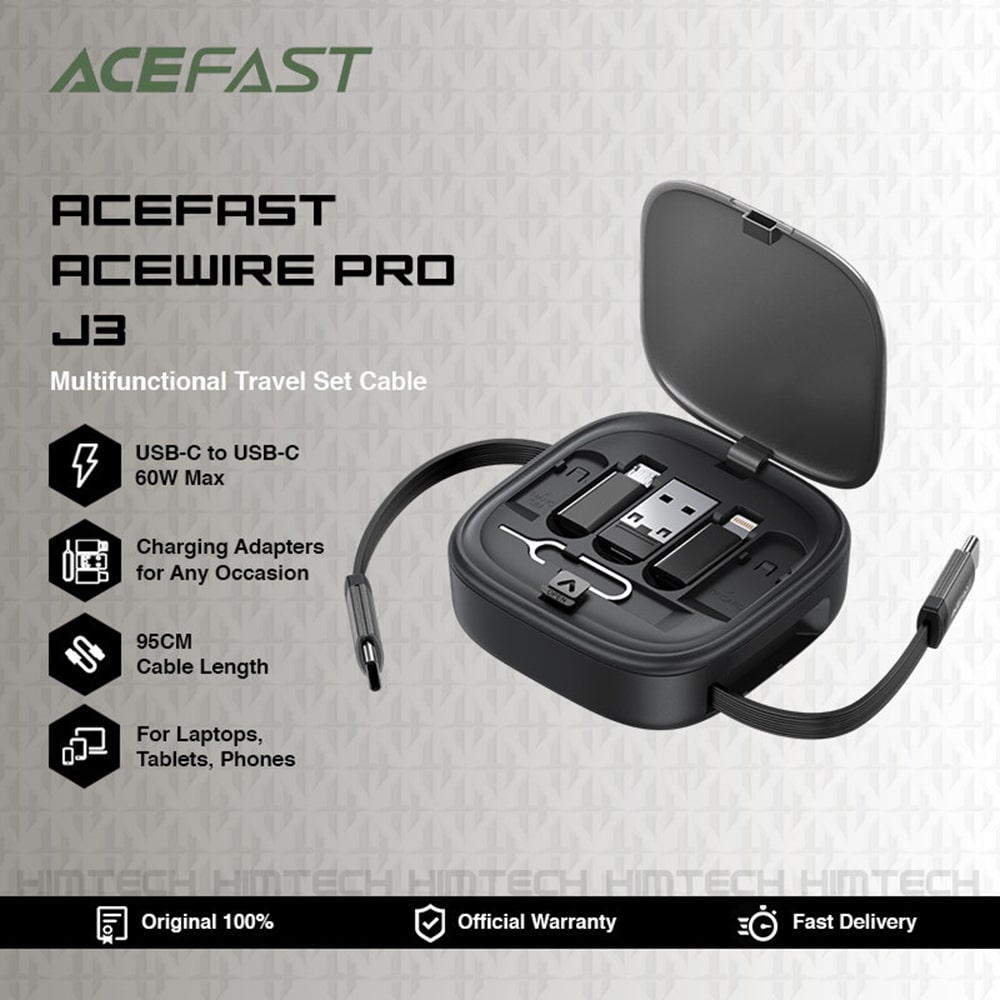 Acefast - Data Καλώδιο (j3) - Travel Set With Retractable Καλώδιο 2x Usb-C, Usb, Lightning, Micro-Usb, Tf, 60w, 3a, 0.95m - Black - Image 4