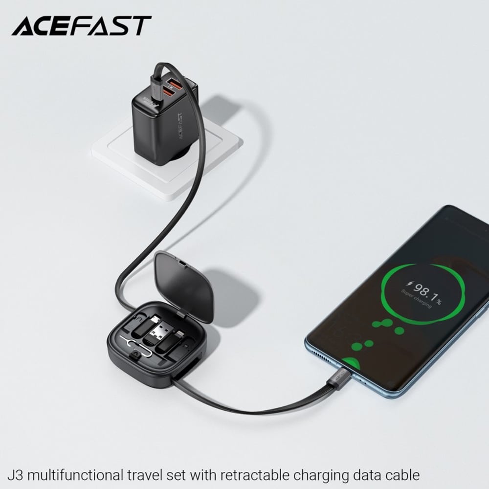 Acefast - Data Καλώδιο (j3) - Travel Set With Retractable Καλώδιο 2x Usb-C, Usb, Lightning, Micro-Usb, Tf, 60w, 3a, 0.95m - Black - Image 2
