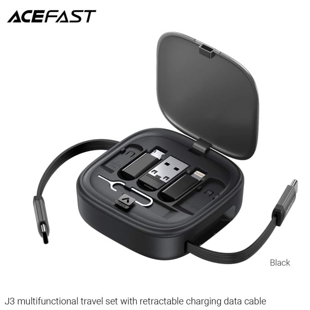 Acefast - Data Καλώδιο (j3) - Travel Set With Retractable Καλώδιο 2x Usb-C, Usb, Lightning, Micro-Usb, Tf, 60w, 3a, 0.95m - Black - Image 3