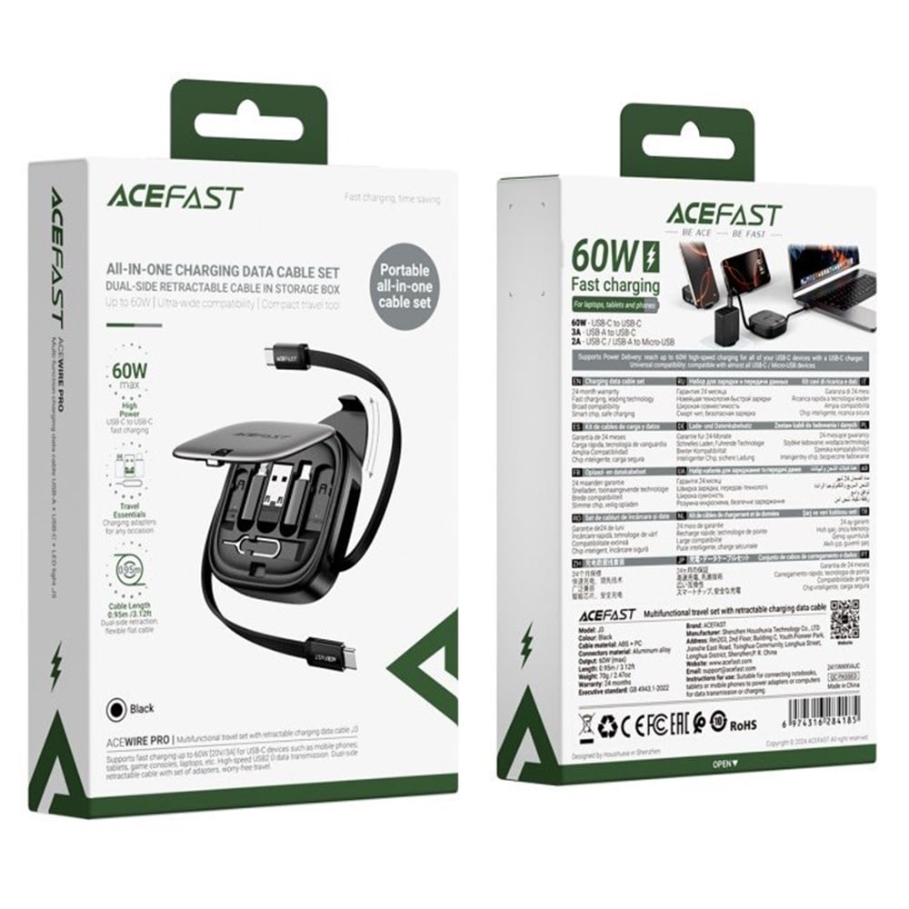 Acefast - Data Καλώδιο (j3) - Travel Set With Retractable Καλώδιο 2x Usb-C, Usb, Lightning, Micro-Usb, Tf, 60w, 3a, 0.95m - Black - Image 7
