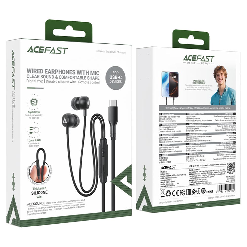 Acefast - Wired Earphones (l8) - Type-C, In-Ear Design, With Microphone, Control Remote, Flexible, Silicone, 1.2m - Gray - Image 6