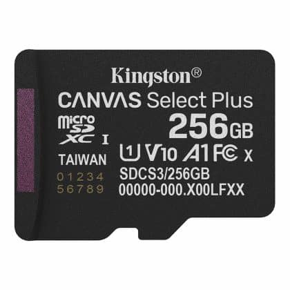 Kingston - Memory Card Canvas Select Plus (sdcs3/256gbsp) - MicroSDXC, 256gb, Class 10, Uhs-I, U1/u3, 150mb/s Read, A1 - Black